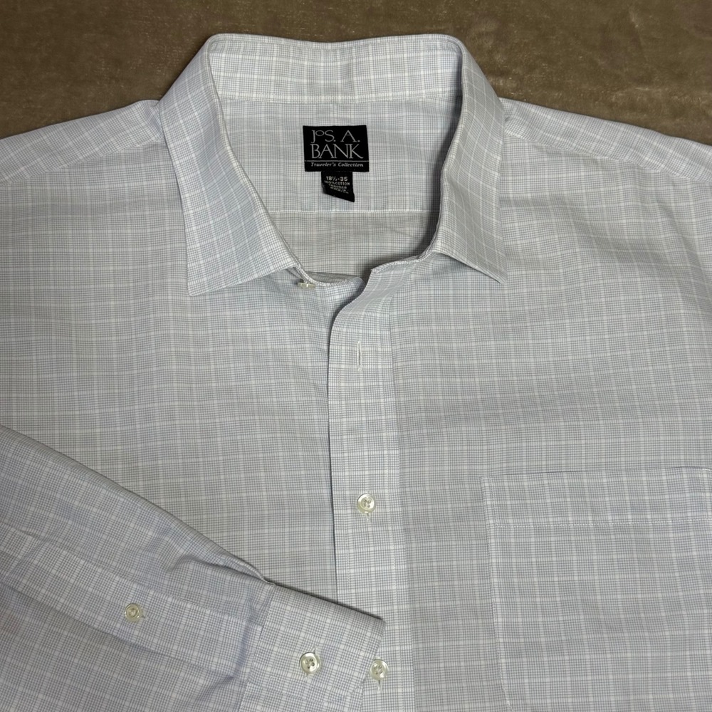 Jos. A. Bank Travelers Collection Mens 18.5 35 Blue White Micro Check Shirt XXL
